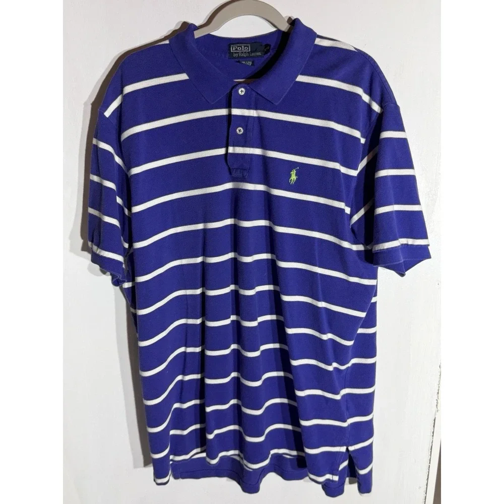 Polo By Ralph Lauren Purple And White 2XL 100% Cotton Green Pony Short Sleeve